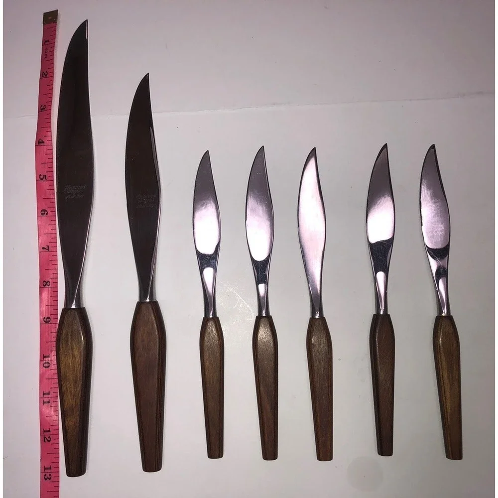 Vintage MCM Fleetwood Teak Handles 5 Pc Steak Knife & 2 Carving Knife Set‎